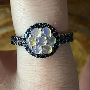Natural Ethiopian Opal Black Spinel Sterling Silver Ring Size 8